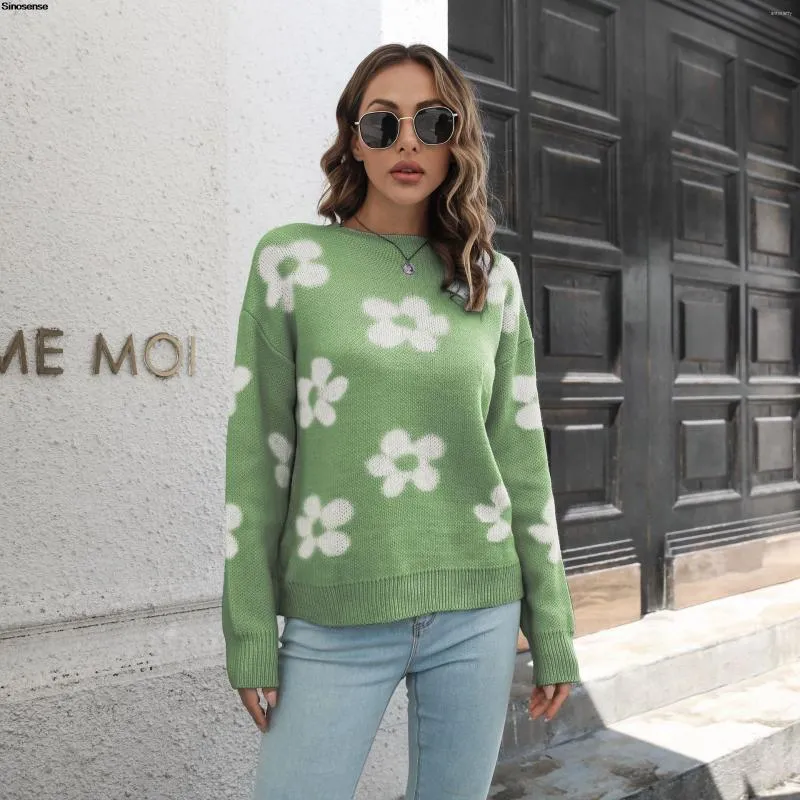 Women's Sweaters Women Floral Knitted Sweater Ins Autumn Winter Clothing Pullover Long Sleeve Crewneck Casual Streetwear Loose Knit Tops