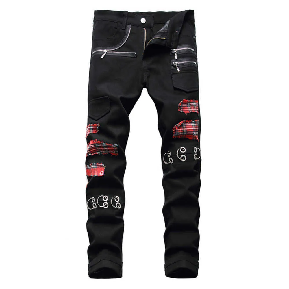 Mens Punk Rock Jeans - Slim Fit Black Denim Pants with