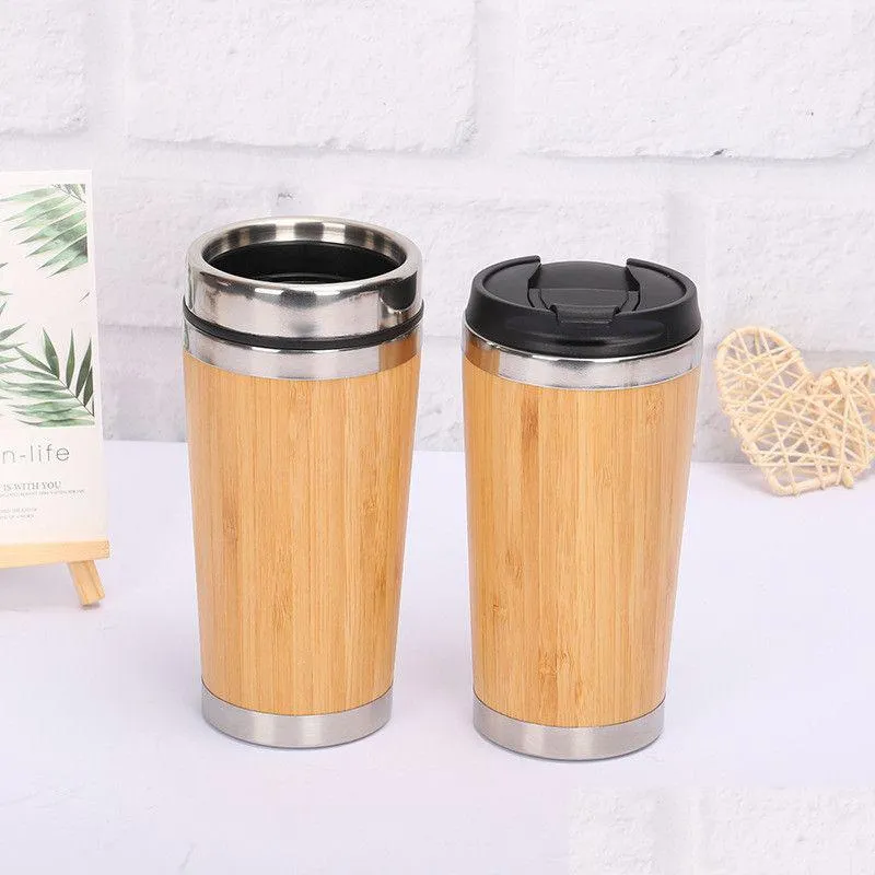 Tazze Tazza sottovuoto in bambù Caffè interno in acciaio inossidabile 450Ml Cam da viaggio Tazza per auto sportiva Thermos per acqua Consegna goccia Casa Giardino Cucina D Dhcsw