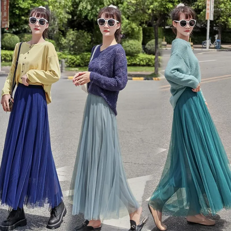 Skirts Women's Tulle Skirt Korean Spring Summer Autumn High Waist Long Black Beige Pink Red Blue Gray Purple Pleated