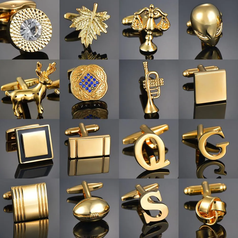 Kwaliteit Gold Color Cufflinks Letters/Alien/Square/Dragon/Maple Bladeren/Balans/Naam Cuff Links voor heren French Bouton Manchette