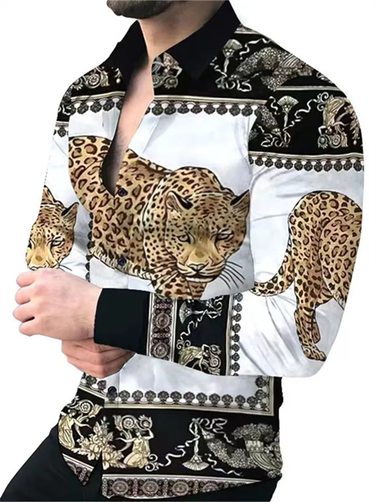 Camisas casuales para hombres Camisa social de lujo para hombres Camisa abotonada con cuello vuelto Estampado de leopardo Tops de manga larga Ropa Cárdigan de baile 230522