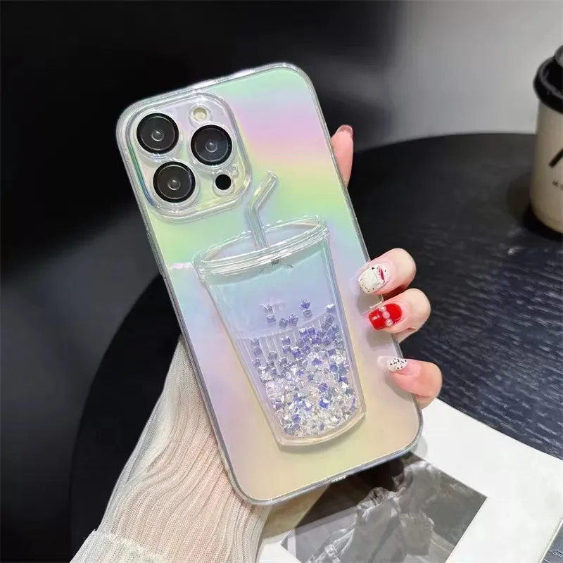 Custodia tazza di tè al latte con gradiente di moda arcobaleno iPhone 15 14 13 12 11 Pro Max Bling Diamond Lemon Liquid Quicksand Glitter Cover trasparente