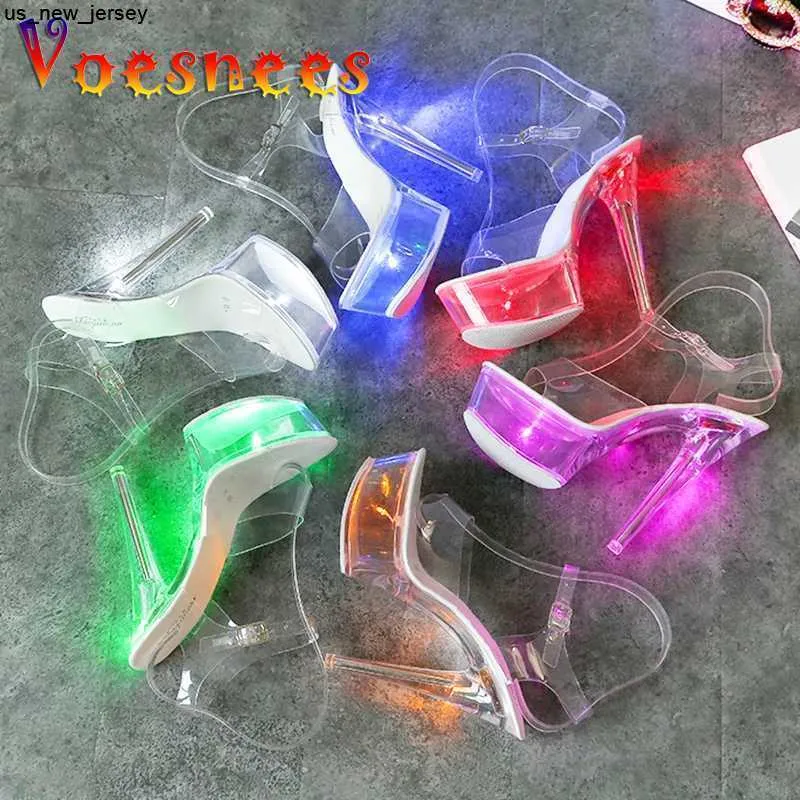 Sandals Voesnees 34-43 Nightclub LED Light High Heels Sandals Luminous Shoes Catwalk Pole Dancing Shoes Crystal Clear Platform Sandals J230518 J230519 J230522