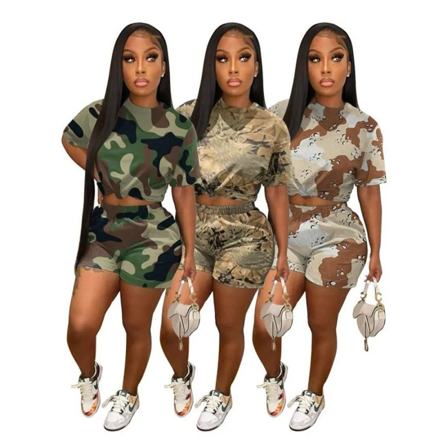 Women Camouflage Tracksuits Shorts Set Casual Loose T-shirt and Summer Fashion 2 Piece Outfit Jogging Suits 7977