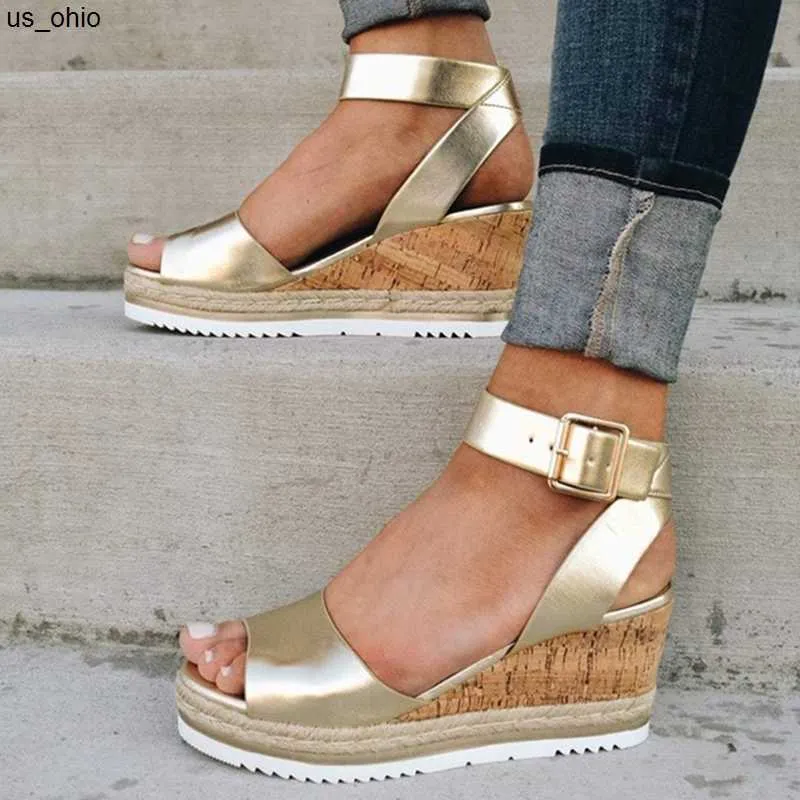 Sandals Wedge Sandals Fish Mouth Open Toe Women Buckle Strap Rubber Sandals Golden Ankle Strap PU Shoes Lady Solid High Heel Shoes D25 J0523