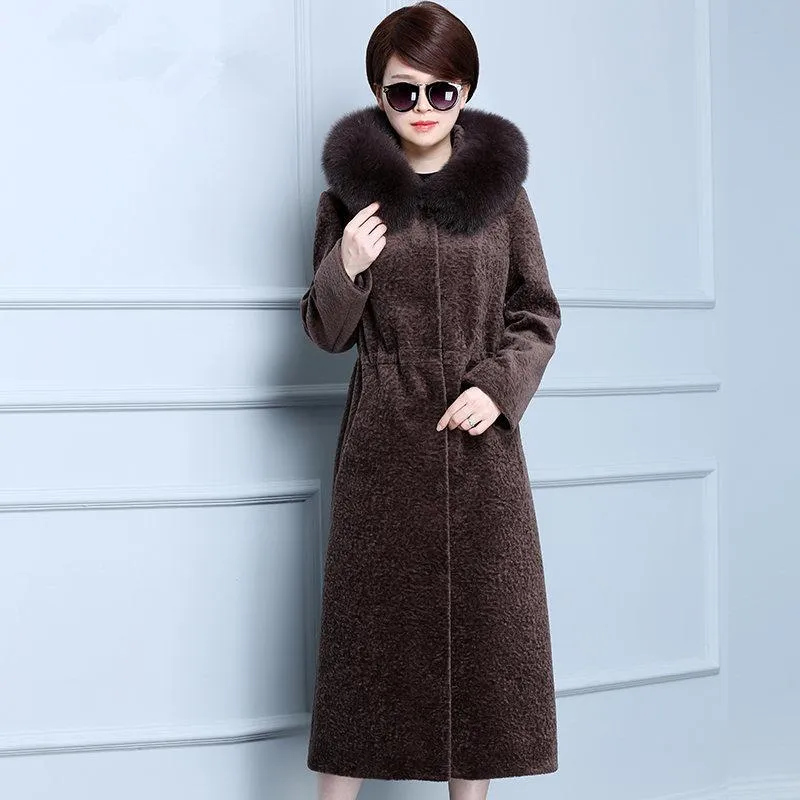 Femmes fourrure Faux véritable manteau femmes automne hiver chaud épais mouton cisaillement vestes col à capuche grande taille 4XL ParkaMF525