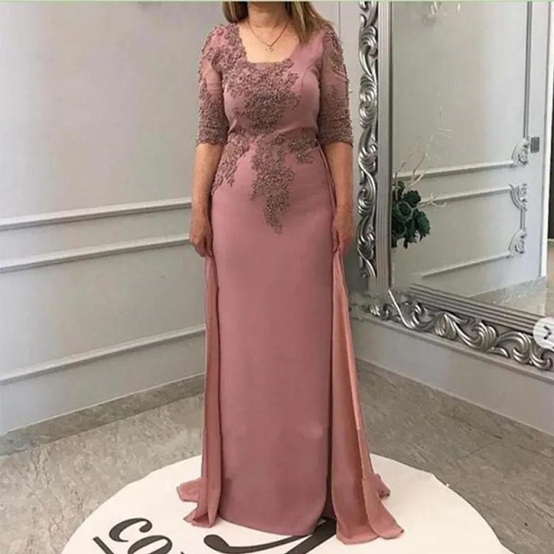 Soluk Pembe Anne Gelin Damat Elbisesi Overkirt Chiffon Kare Boyun Yarım Kollu Balo Partisi Fatura Elbise