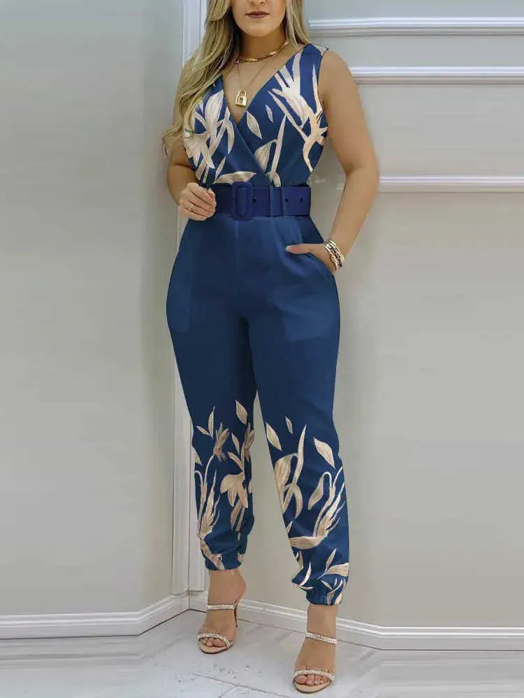 Jumpsuits voor dames rompreren nieuwe casual dames v-hals vest geprint hoog getailleerde jumpsuit (inclusief riem) lente/zomer 2023 p230522