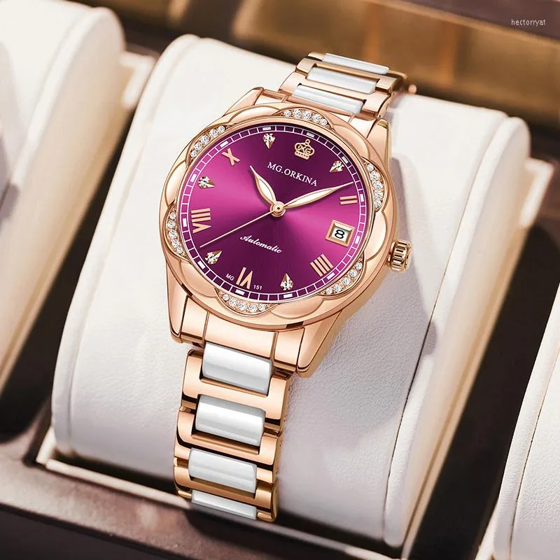 Нарученные часы Orkina Women Purple Classic Automatic Self-Wind Watch Женщины элегантные часы роскошные подарки часов дамы механические наручные часы