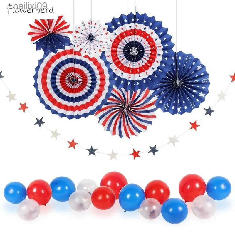 Parti Dekorasyonu Amerikan Bağımsızlık Günü Parti Dekorasyonu Amerikan bayrak kağıdı fanı kırmızı mavi beyaz yıldız kağıt ip spiral çelenk etkinliği dekor T230522