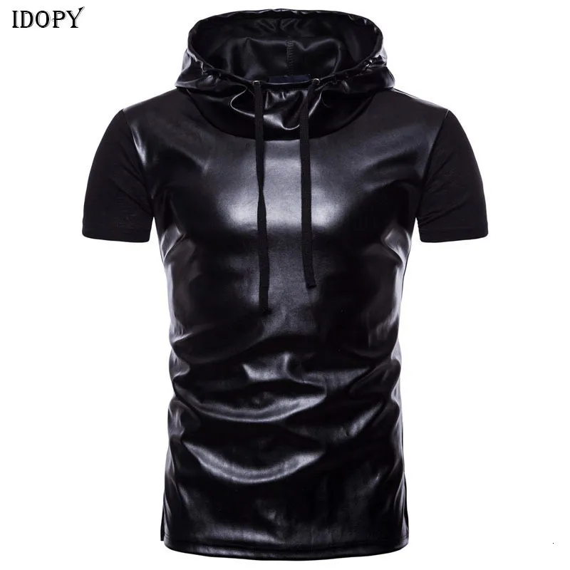 Men s T Shirts Idopy Summer Hooded Black Leather T shirt Men Short Sleeve Slim Fit Casual Punk Rock Nightclub Hip Hop Tee Shirt Hoodie 230522