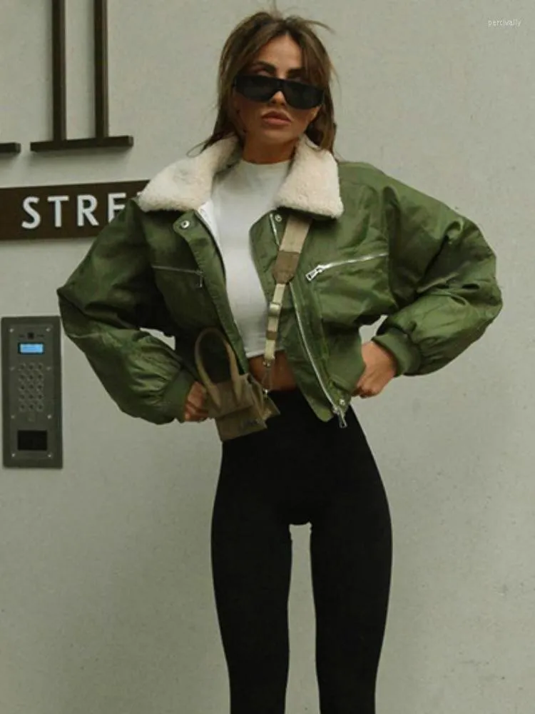 Womens Jackets Fashion Fur Collar Zip Up Army Green Cropped Bomber