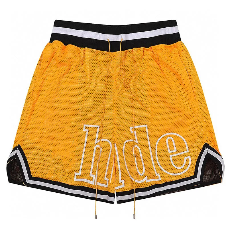 High Street Brand HUDE Designer Rhuigi Villasnor Mens Fashion Sports Shorts Court Logo Shorts Classic Basketball Pants Man Yellow Shorts