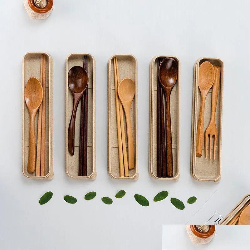 Flatware sets houten eetstokjes lepels messenset draagbaar servies met verpakkingsdoos voor reiscam drop levering home tuinkeuken dh5av