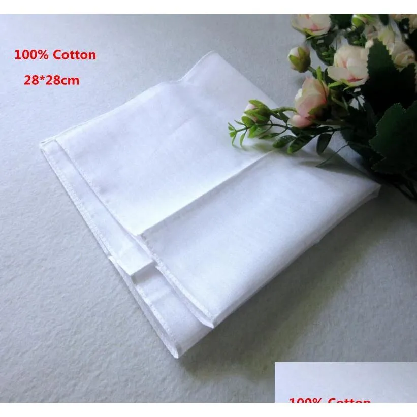 Handkerchief 100% Cotton Male Table Satin Pure White Hankerchiefs Towel Mens Suit Pocket Square Whitest 100Pcs/Lot Drop Delivery Hom Dhht4