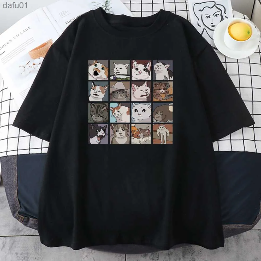T-shirt da uomo Meme Cats Puzzle Felpa con cappuccio Harajuku Stampa T-shirt da uomo Street Street coreana Manica corta Estate Cotone Punk Top Abbigliamento rock da uomo L230520