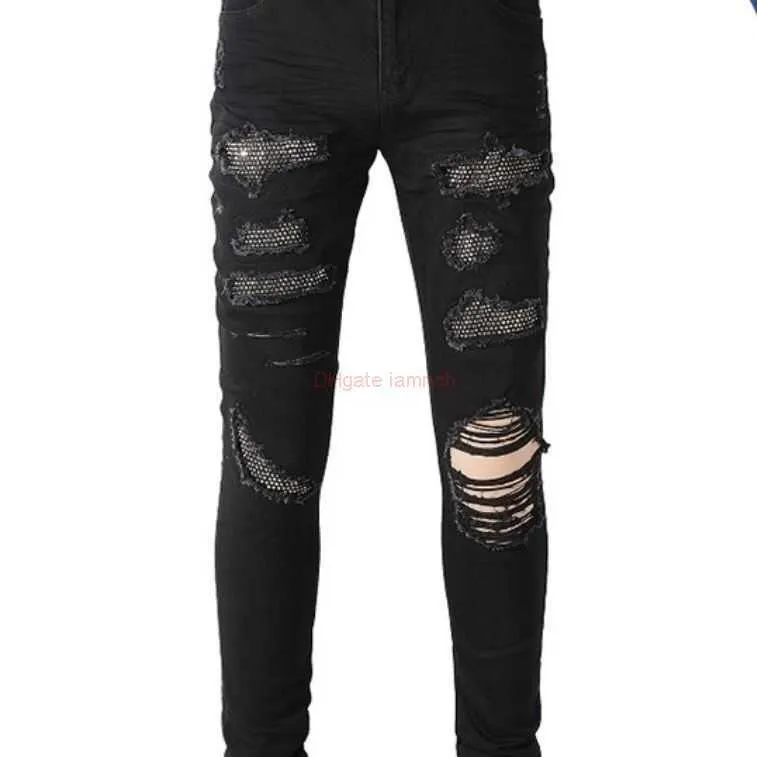 Abbigliamento firmato Amires Jeans Denim Pantaloni 22 stagioni New Fashion Amies Jeans elasticizzati slim fit per uomo Nero Lavaggio pesante Pressatura a caldo Foro Patching Piccolo