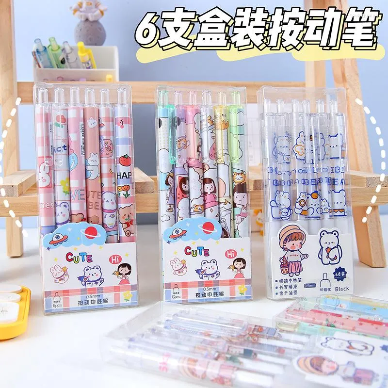 6pcs/set Kawaii Gel Pen Cute Cartoon Szybkie suszenie Czarne Ink Press Pisanie pens