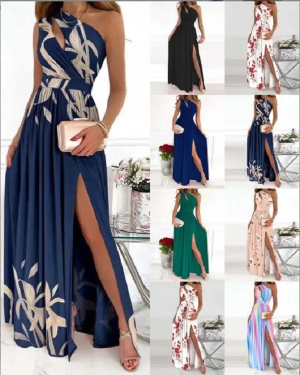 Irregular Elegant Party Dress for Women Sexy One Shoulder Diagonal Neck Print Formal Dresses Wedding Guest High Slit Vestido