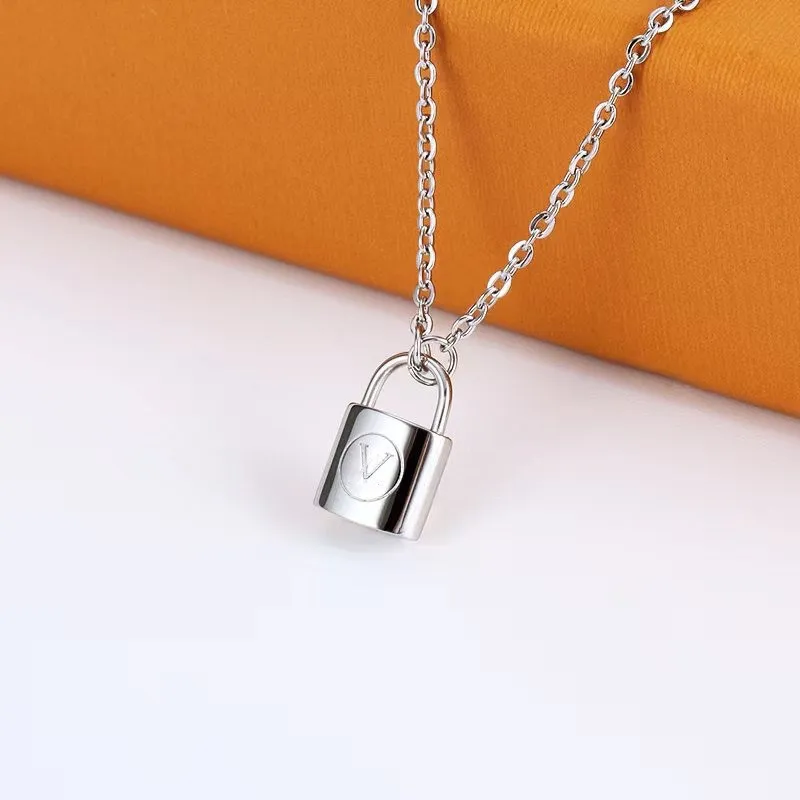 Classic Titanium Steel Lock Necklace Womens Gold Silver Letters