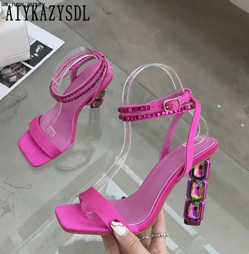 Sandaler Aiykazysdl Crystal Rhinestone Clear High Heel Sandals Women Ankle Strap Cross Strap Stripper Pink Silver Shoes Pumps Fetish 2023 J230518 J230519 J230522