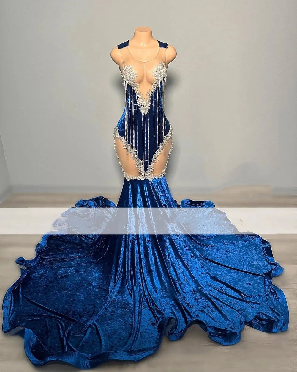 Sexig blå sammet sjöjungfrun prom klänning 2023 applikationer examen födelsedagsfest klänning tillfälle kväll klänningar för speciellt tillfälle
