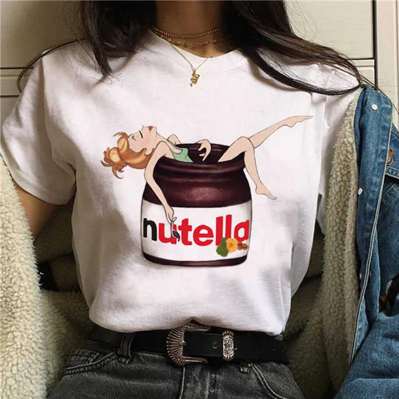 Tryck kvinnor t shirt varumärke nutella sommar mode 90-talet harajuku kawaii t-shirt grafisk söt tecknad t-shirt koreansk stil topp tees kvinnlig