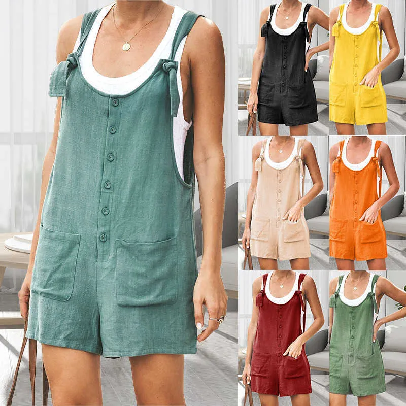 Kobiety Jumpsuits Rompers Bez rękawów damski Solidny krótki kombinezon 2022 Summer swobodny luźne kieszonkowe kombinezon Kobiet Słodki wisiorek P230522