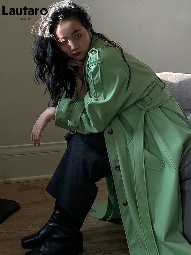 Kurtki damskie Lautaro Spring Oversizezed Długie zielony czarny, miękki skórzany płaszcz skórzany PU dla kobiet raglan rękaw