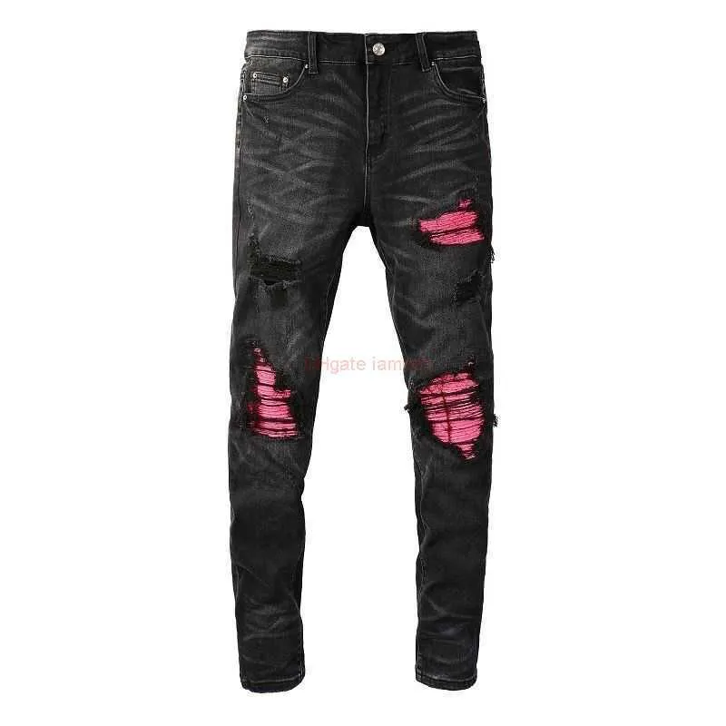 Men's Distressed Ripped Jeans, Slim Fit Black Denim Pants with Red Patch,  2024 High Street Fashion