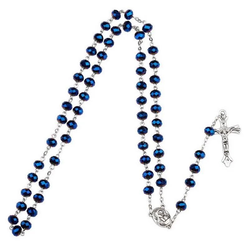 Pendant Necklaces Trendy 6x8mm Dark Deep Blue Crystal Beads Rosary Catholic Necklace With Holy Soil Medal Crucifix Prayer Religious Cross Je