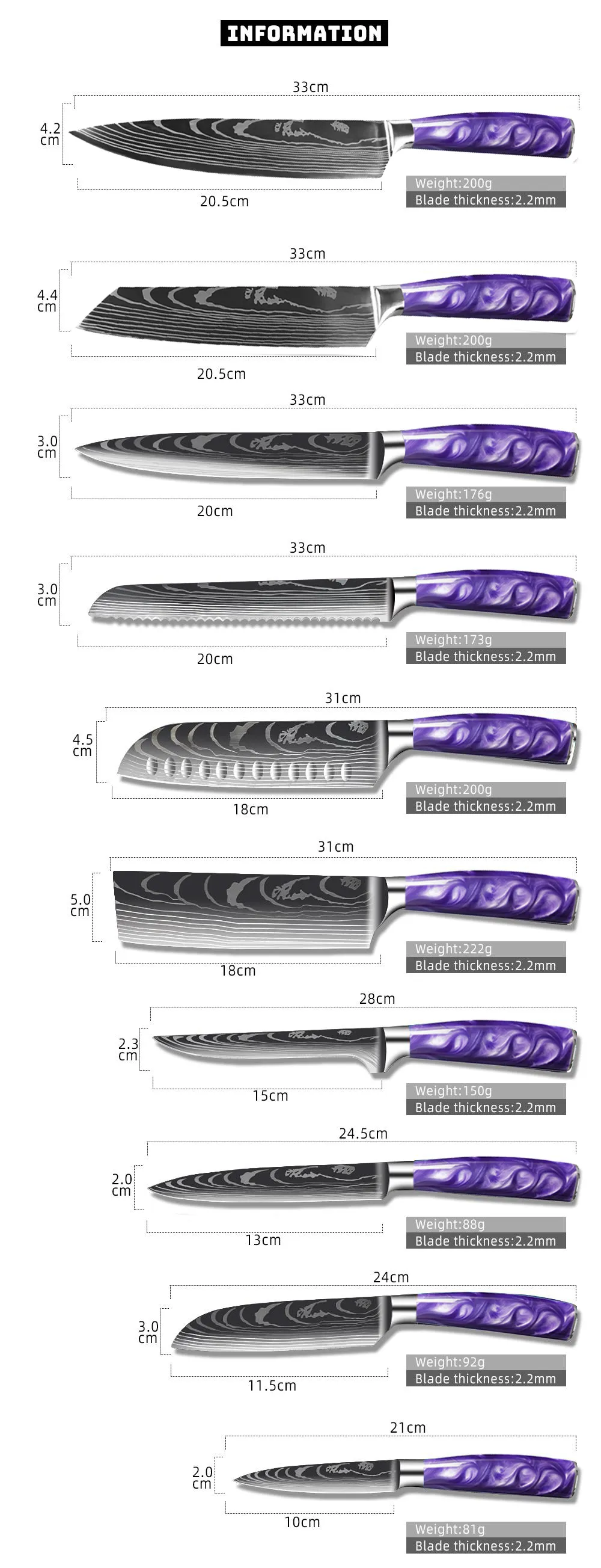 Chef Knife Set 1-10PCS New Purple Resin Handle Stainless Steel Damascus  Pattern Kitchen Non-Stick Santoku Cleaver Boning Knivse