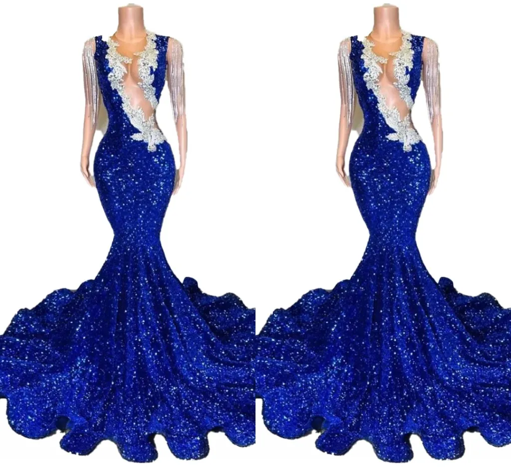 Luksusowy królewski niebieski mermaid sukienki wieczorowe o iluzja szyi cekinowa frędzana frężysta z noszenie celebrytów urodziny