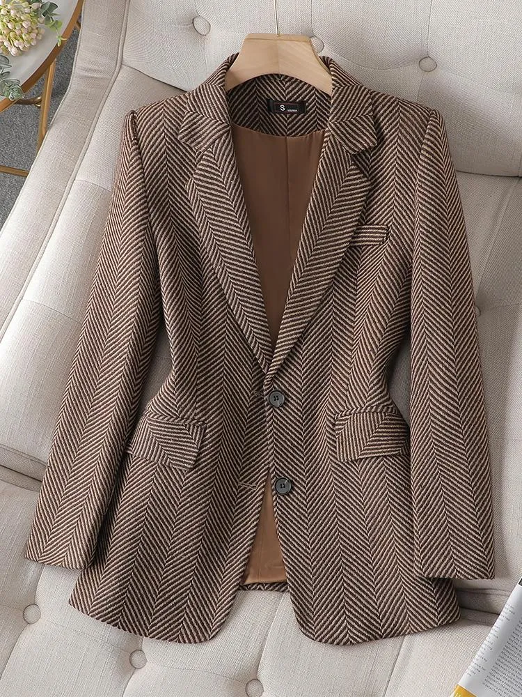 Women's Suits Women's Long Sleeved Single Breasted Straight Blazer Coffee Grey Stripe Formal Office Business Jacket Coat