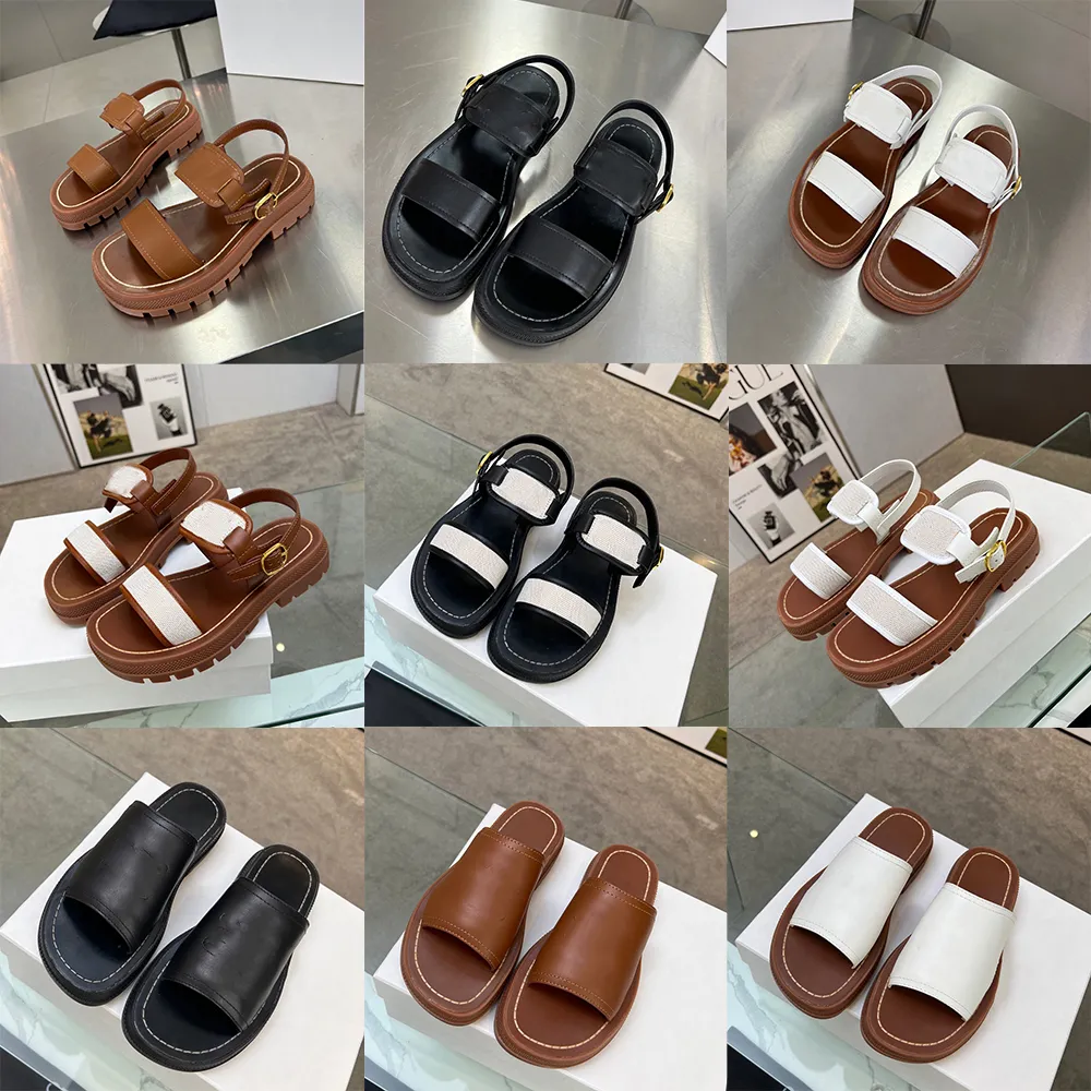 Designer Women Roman Sandalen Hoogwaardige damesbruine dia's Kalfleer Casual schoenen Kantel platform Summer Beach Slipper