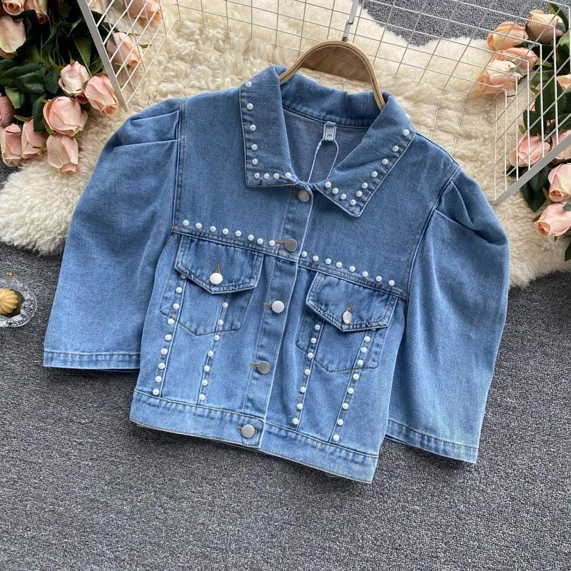 Vestes pour femmes Manteau court en denim doux pour femme Veste à manches bouffantes fine et perlée Chic Fille Automne Outwear