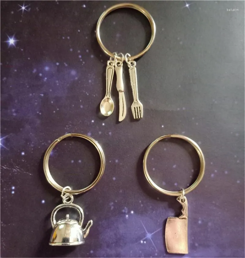 Keychains 3pcs/lot Vintage Key Ring Keychain Zipper Pull Cleaver Tabalewear Gift Teapot Spoon Creative