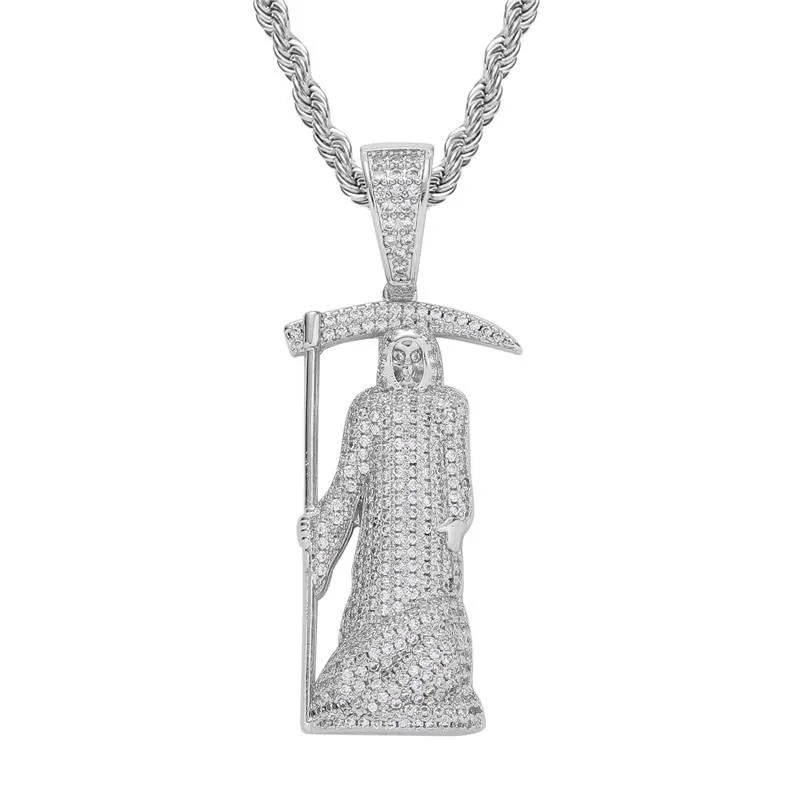 Colliers Hip Hop Grim Reaper crâne pendentifs Bling glacé CZ pierre collier mode rappeur bijoux cadeau