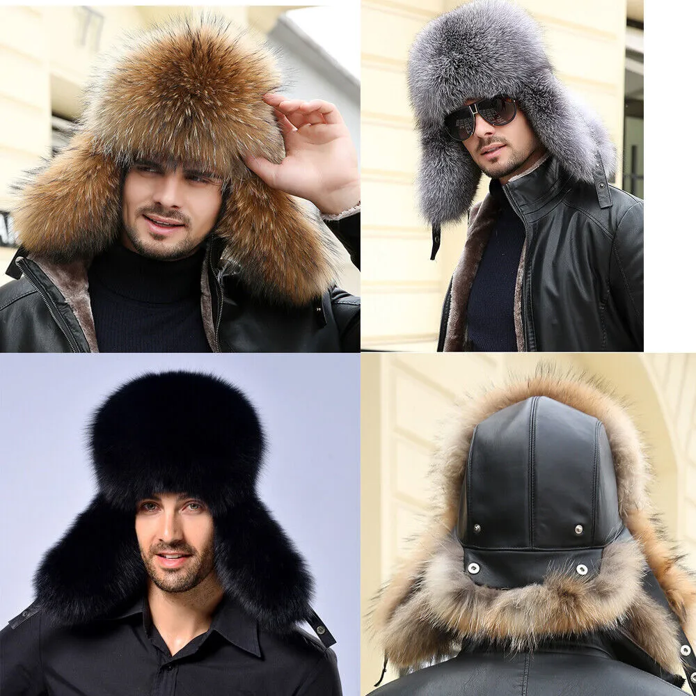 Men's Real Fox Fur Trapper Hat Sheepskin Earmuffs Caps Winter Headwear Hunting