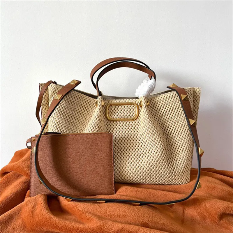 Vintage Damen Totes Mode RAFFIA Goldene Buchstaben Umhängetaschen Designer Luxus Echtes Leder Geldbörse Schultertaschen Geldbörsen