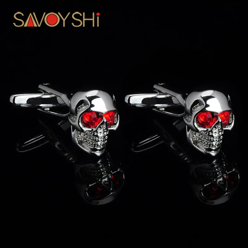 Savoyshi Fashion Mens Shirt Mufflinks Brand High Quality Red Crystal Silver Color Skull Cuff Links Halloween Party Gift Jewelry