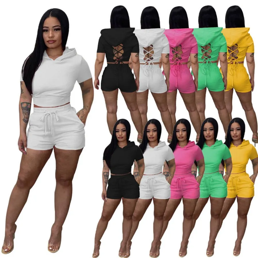 Trainingspakken twee stukken set designer shorts sets Summer 2 -stukjes dames outfit korte mouw holle out bandage hoodie shirt en shorts bijpassend pak 7149