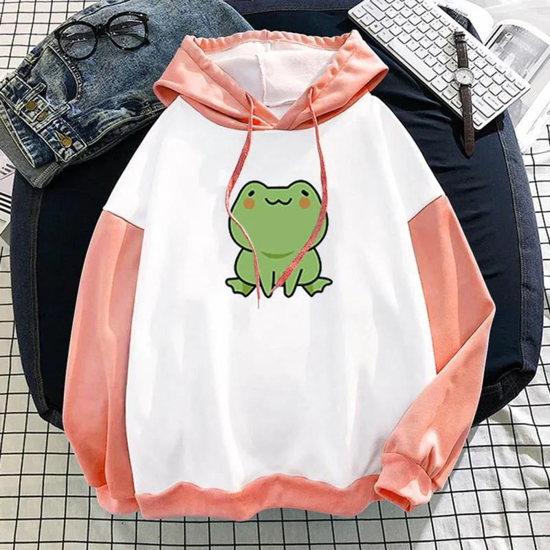 Damen Hoodies Shy Frogs gedruckt Anime Kawaii Harajuku Pullover Frauen Damen Mädchen übergroße Sweatshirts Farbblockbluse Moletom