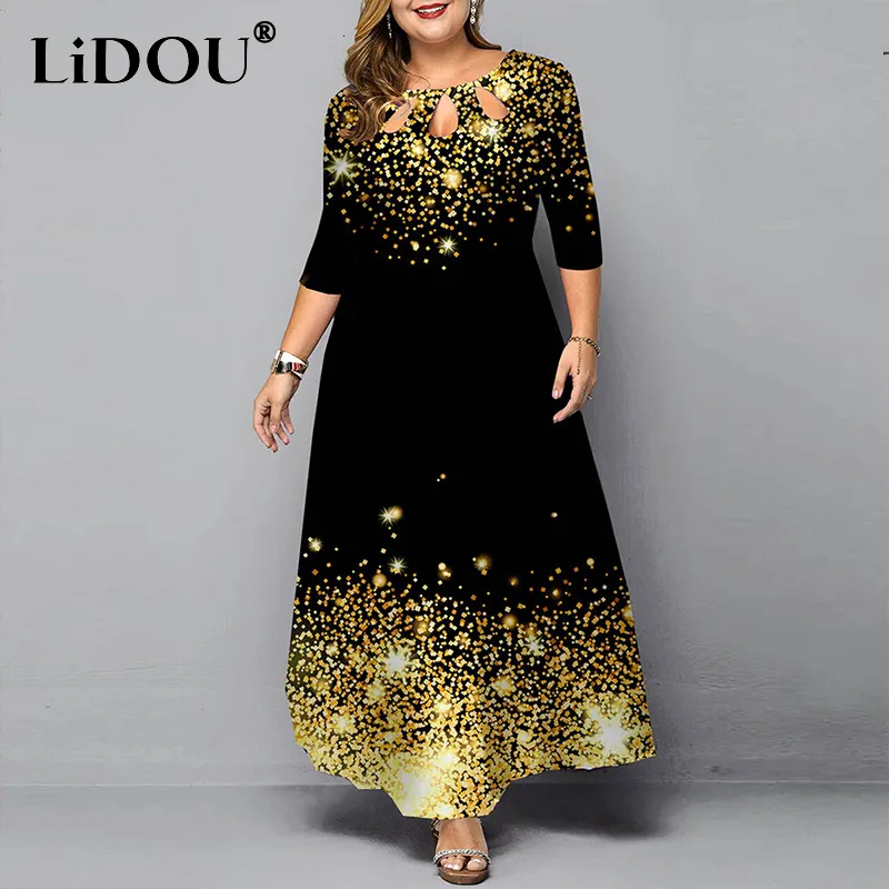 Plus size Dresses Autumn Winter Plus Size Print Gold Fashion Long Dress Women Three Quarter Sleeves Elegant Chic Oversized Wedding Party Dress 230520