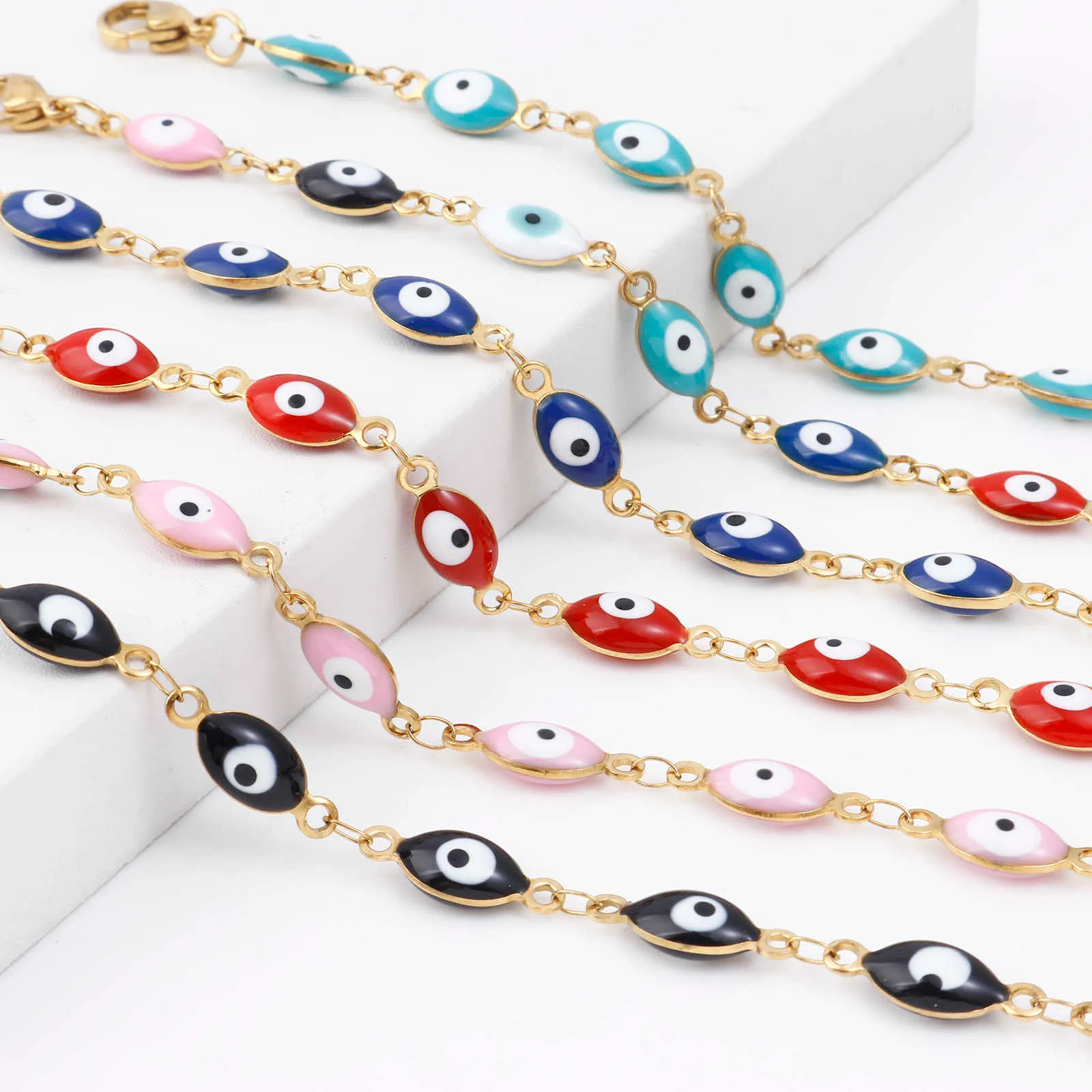 Anklets Classic 304 Stainless Steel Religious Anklet Gold Color Link Chain Multicolor Enamel Evil Eye Jewelry Gifts 22cm(8 5/8") long G220519