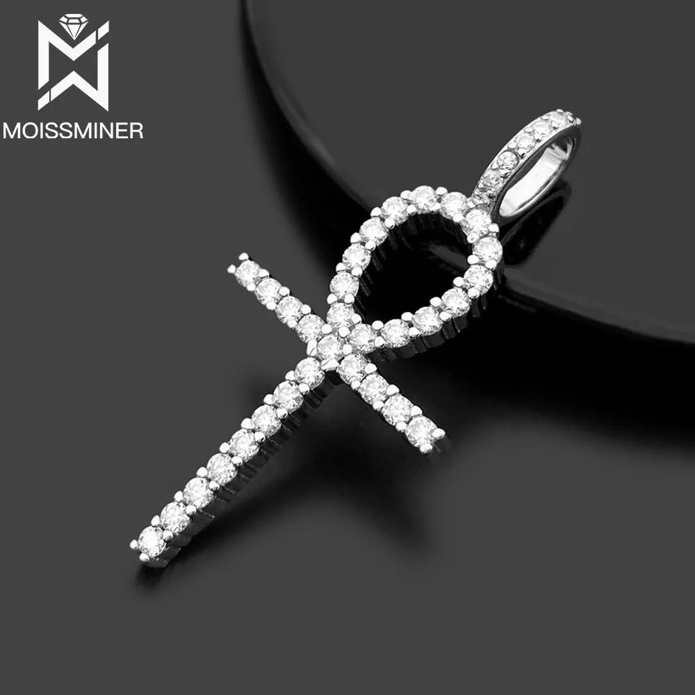 Colliers Moissanite S925 argent Long Ankh croix pendentifs collier réel diamant glacé colliers pour hommes femmes bijoux Pass testeur