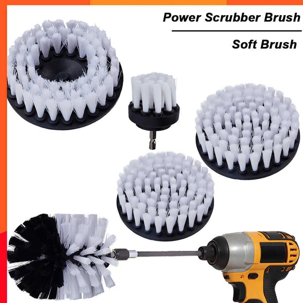 New White Drill Brush Power Scrubber Brush 2/3.5/4/5'' Soft Brushes For Glass Car Carpet Leather Washing With Extended Cleaning Tool
