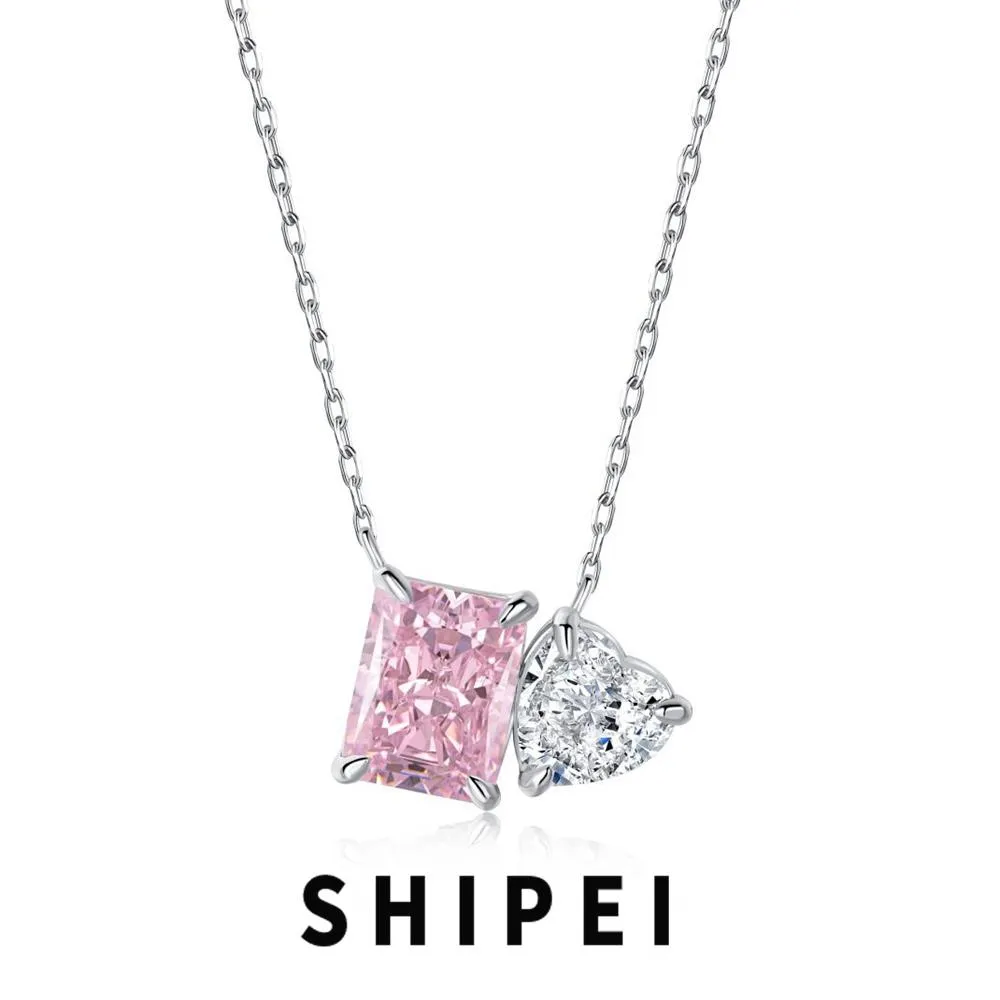 Halsband Shipei 925 Sterling Silver Strålande Cut Pink Sapphire White Sapphire Gemstone Pendant Halsband för kvinnor Fina smycken Partihandel