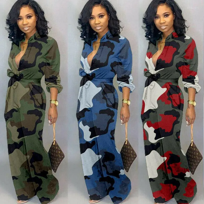 Women's Jumpsuits Plus Size Camouflage Jumpsuit Women Casual Loose Long Sleeve V Neck Belt Autumn Spring Romper Ladies Overalls